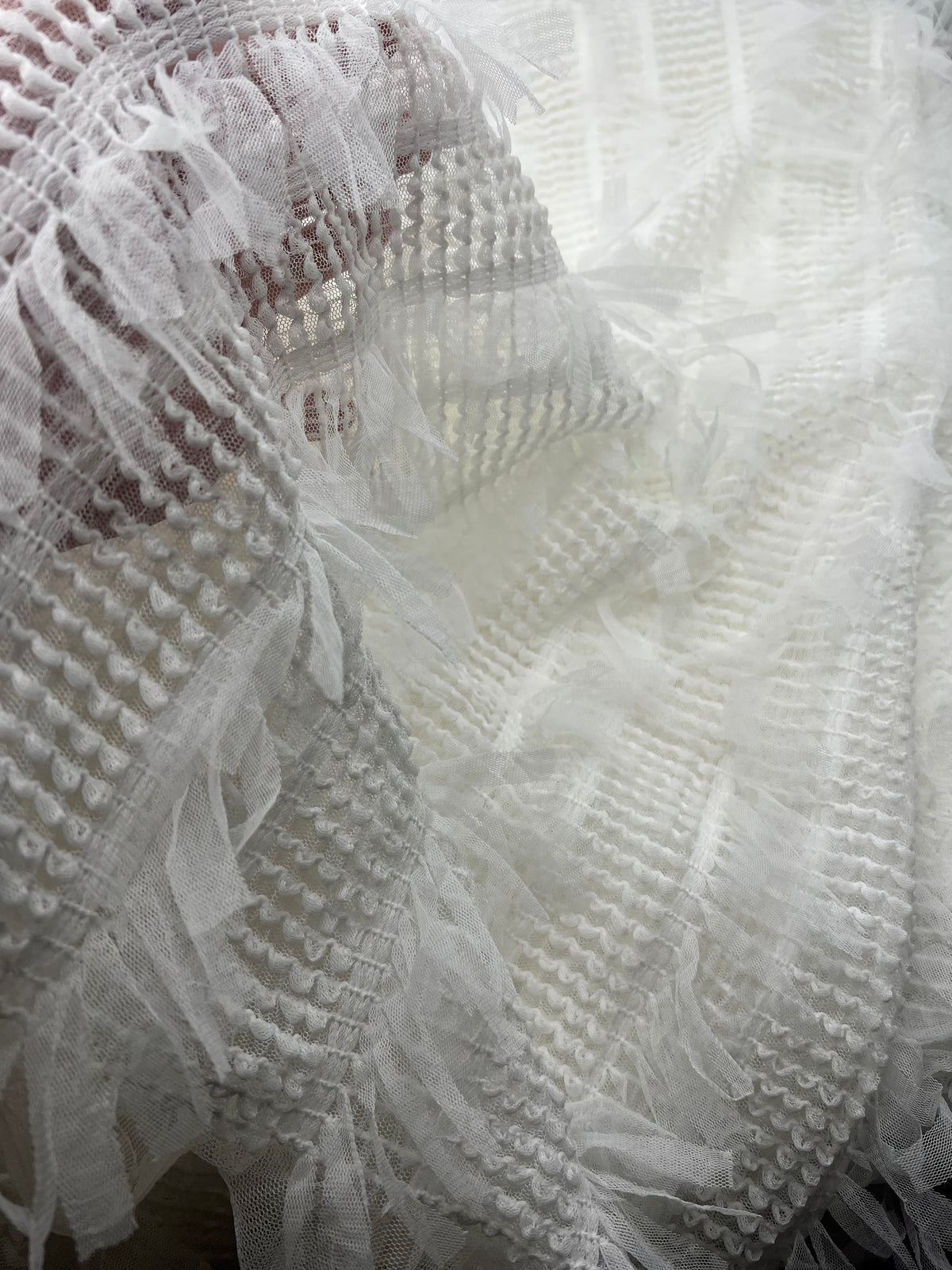 White Textured Mesh Tassel Fabric 2 Way Stretch