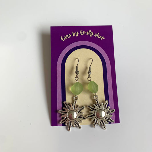 Cool silver sun with green bead statement dangle hypoallergenic earrings