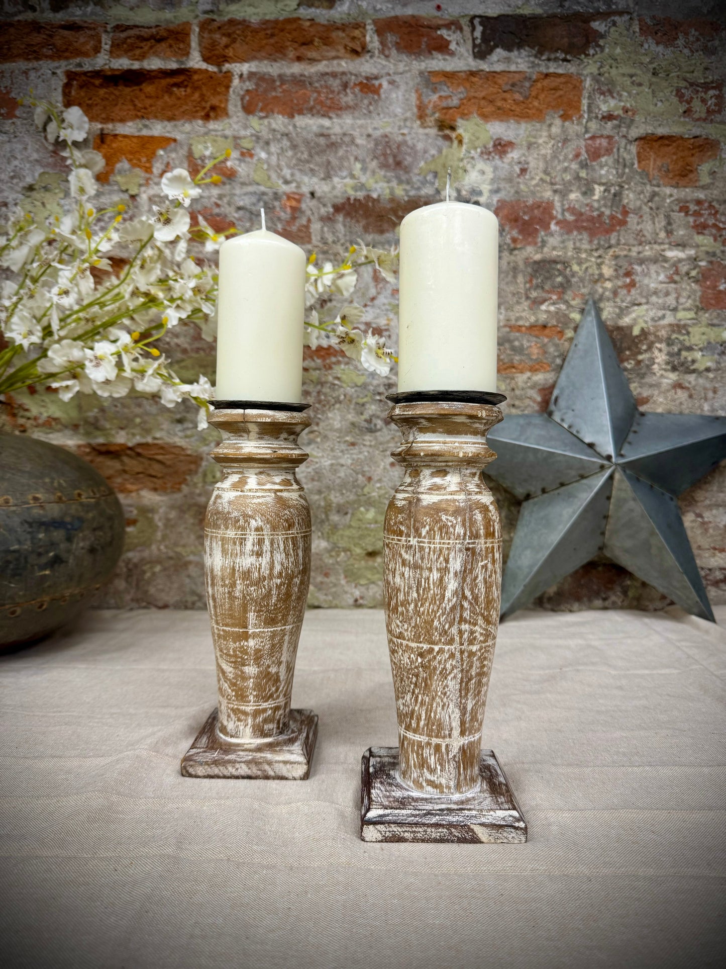 Pair Of Rustic Wooden Candle Holders / Large Church Candle Candlesticks /A