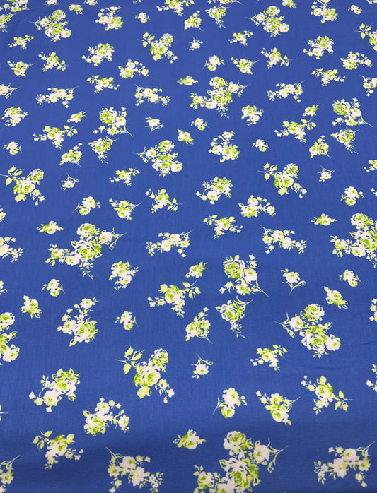 Blue Green Flower Floral Mix Print Spun Poly Stretch Fabric