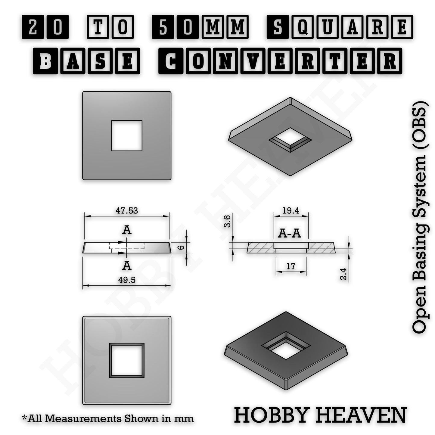 Square to Square Base Converters 3D Print Full Range