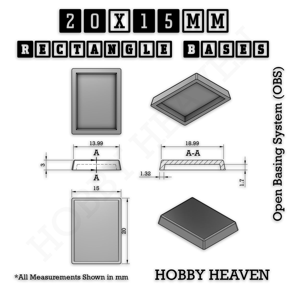 Rectangle Bases Medium Sizes - 75x30mm to 125x40mm and up to 100x90mm Wide - 3D Print Tabletop Games