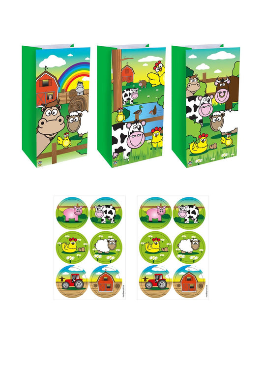 Farm Animal Paper Party Bags with Stickers (3 Assorted Designs) Pack of 12
