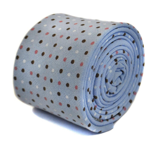 baby blue tie with brown, pink and white polka dots