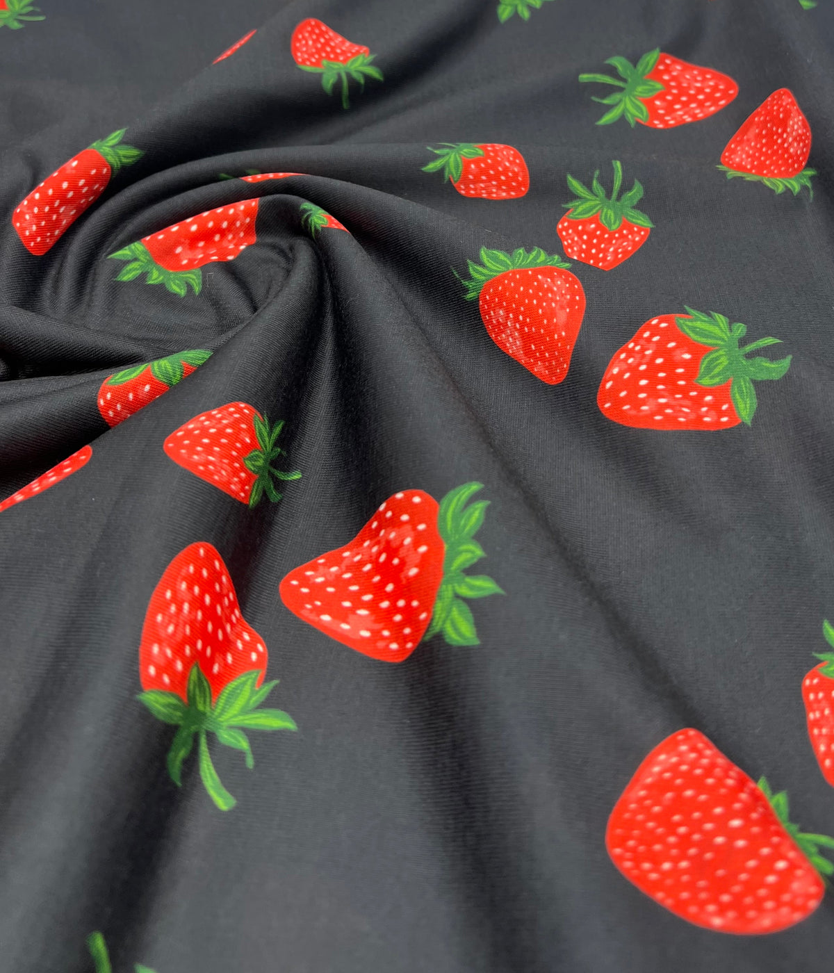 Black Strawberry Print Spun Poly Stretch Fabric