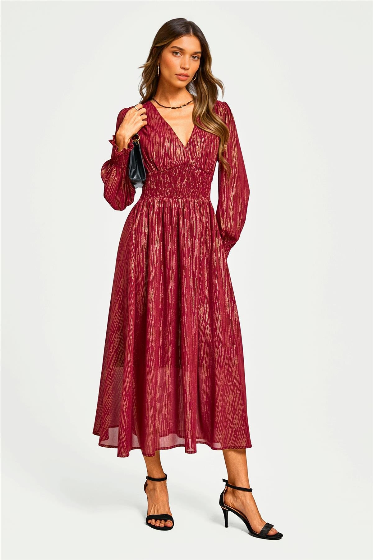 Gold Stripe Foil Long Sleeve Maxi Dress In Wine