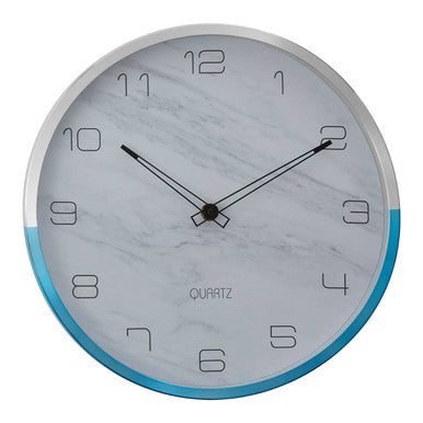 30cm Dia Wall Clock with Silver and Blue Frame | Elko