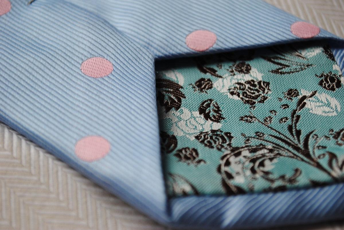 blue tie with pink polka dots