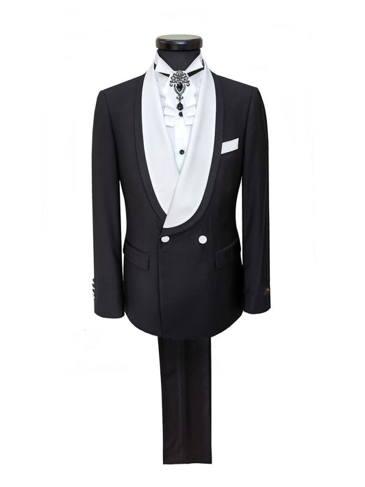 Black Double Breasted Tuxedo With White Shawl Lapel