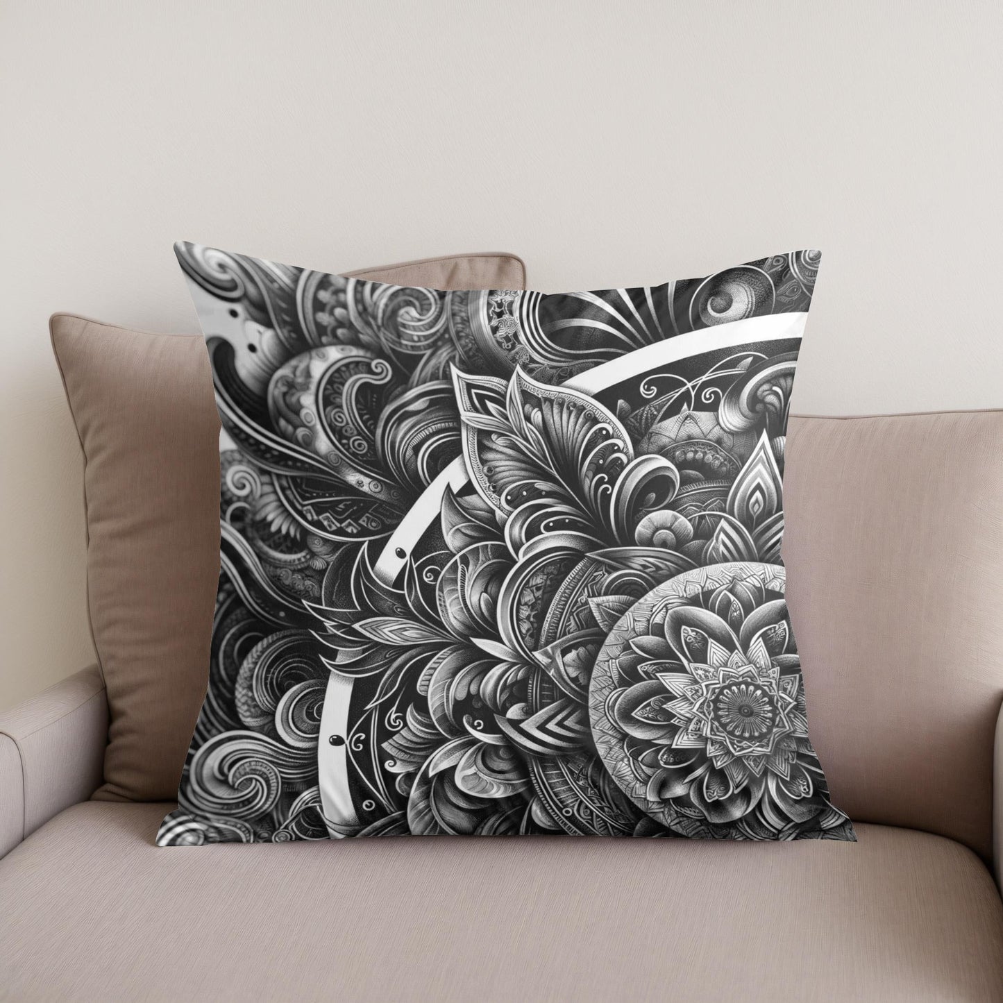 Inked Grace: Silver Line Elegance Cotton Cushion