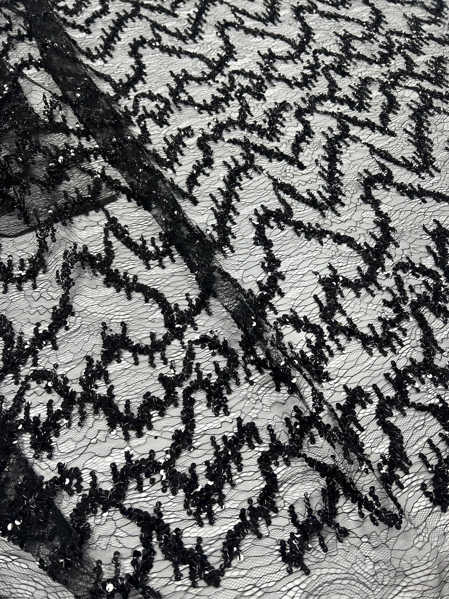 Black Sequin Detail Textured Mesh Stretch Fabric