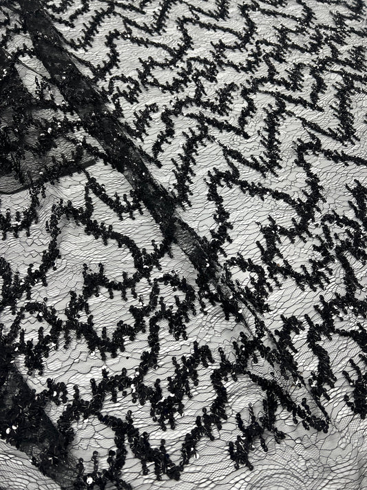 Black Sequin Detail Textured Mesh Stretch Fabric