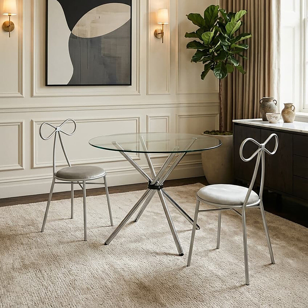 Clear Glass Top Round Dining Table with Silver Finish Metal Cross Base | Afton