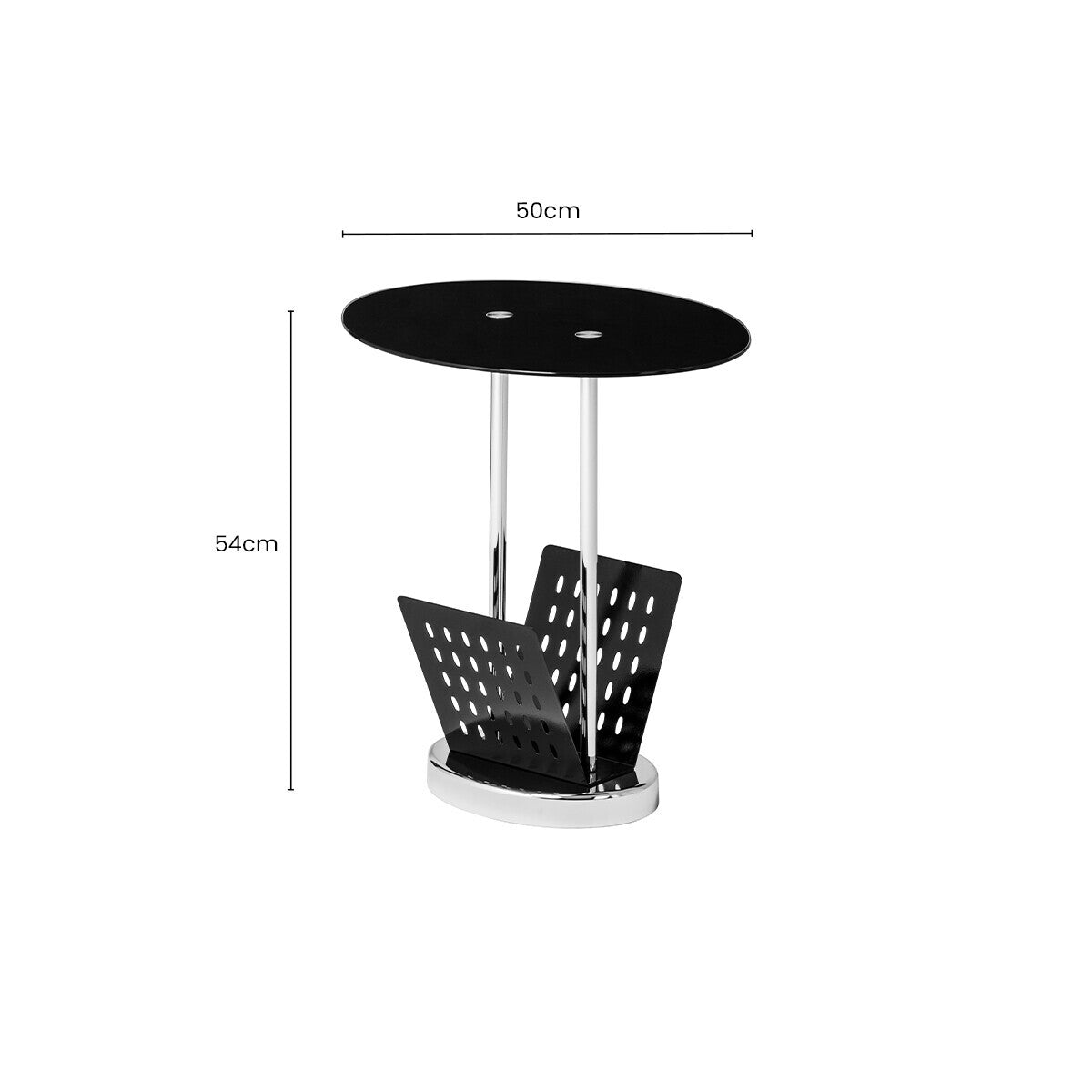 Black Glass Oval Top Side Table with Chrome Metal Base and Lower Magazine Rack | Adam