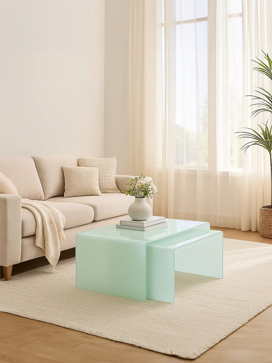 Cascade Nest Of 2 Aqua Green Bent Glass Coffee Tables