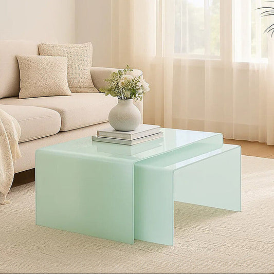 Nest of 2 Aqua Green Curved Glass Coffee Tables, Cascade