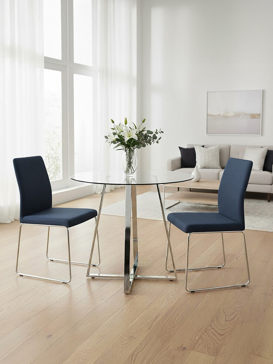 Clear Glass Round Dining Table with Silver Finish Metal Base | Metropolitan
