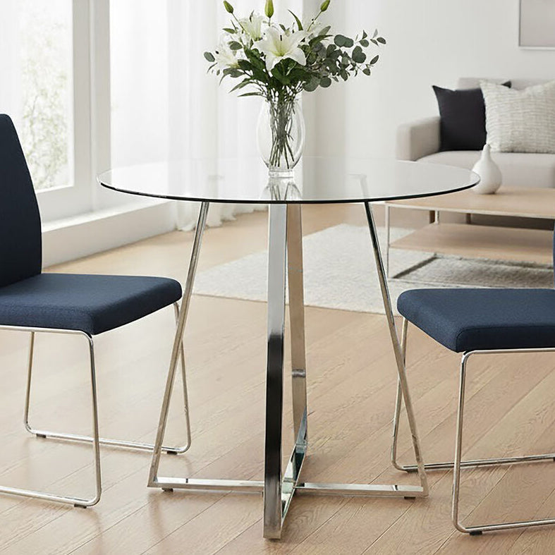 Silver Finish Round Glass Top and Steel Frame Dining Table, Metropolitan