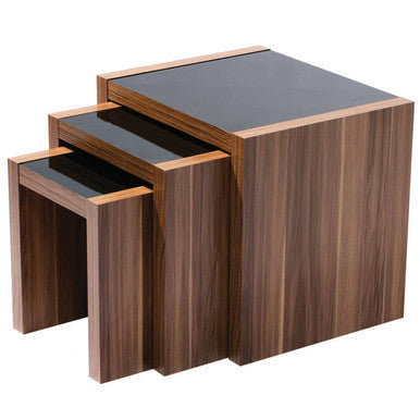 Brown Walnut Veneer Wooden Nest of 3 Tables with Black High Gloss Detail Top, Fargo