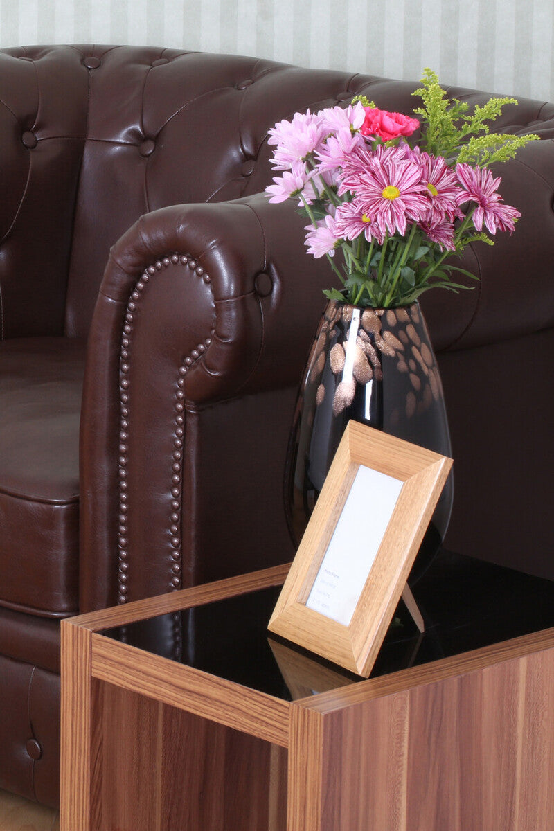 Brown Walnut Veneer Wooden Nest of 3 Tables with Black High Gloss Detail Top, Fargo