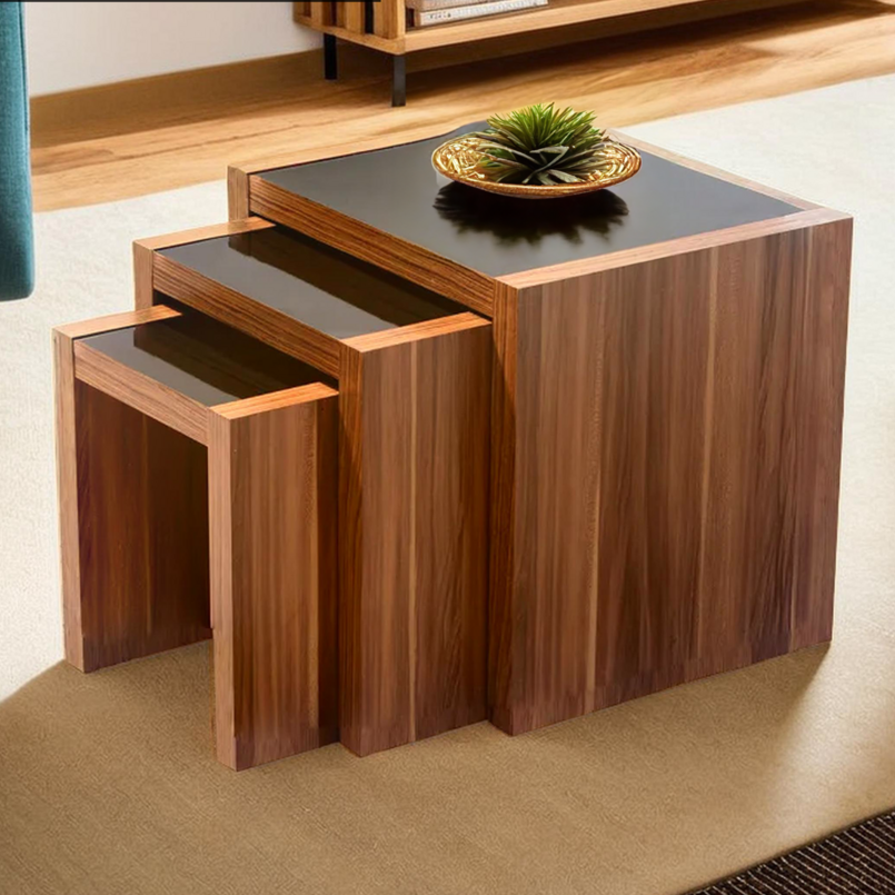 Brown Walnut Veneer Wooden Nest of 3 Tables with Black High Gloss Detail Top, Fargo
