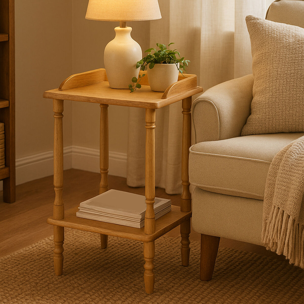 Natural Light Wood Hevea Rubberwood Side Table with Raised Lip Top and Bottom Tier Shelf, Heva