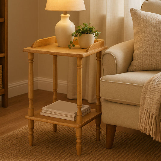 Natural Light Wood Hevea Rubberwood Side Table with Raised Lip Top and Bottom Tier Shelf, Heva