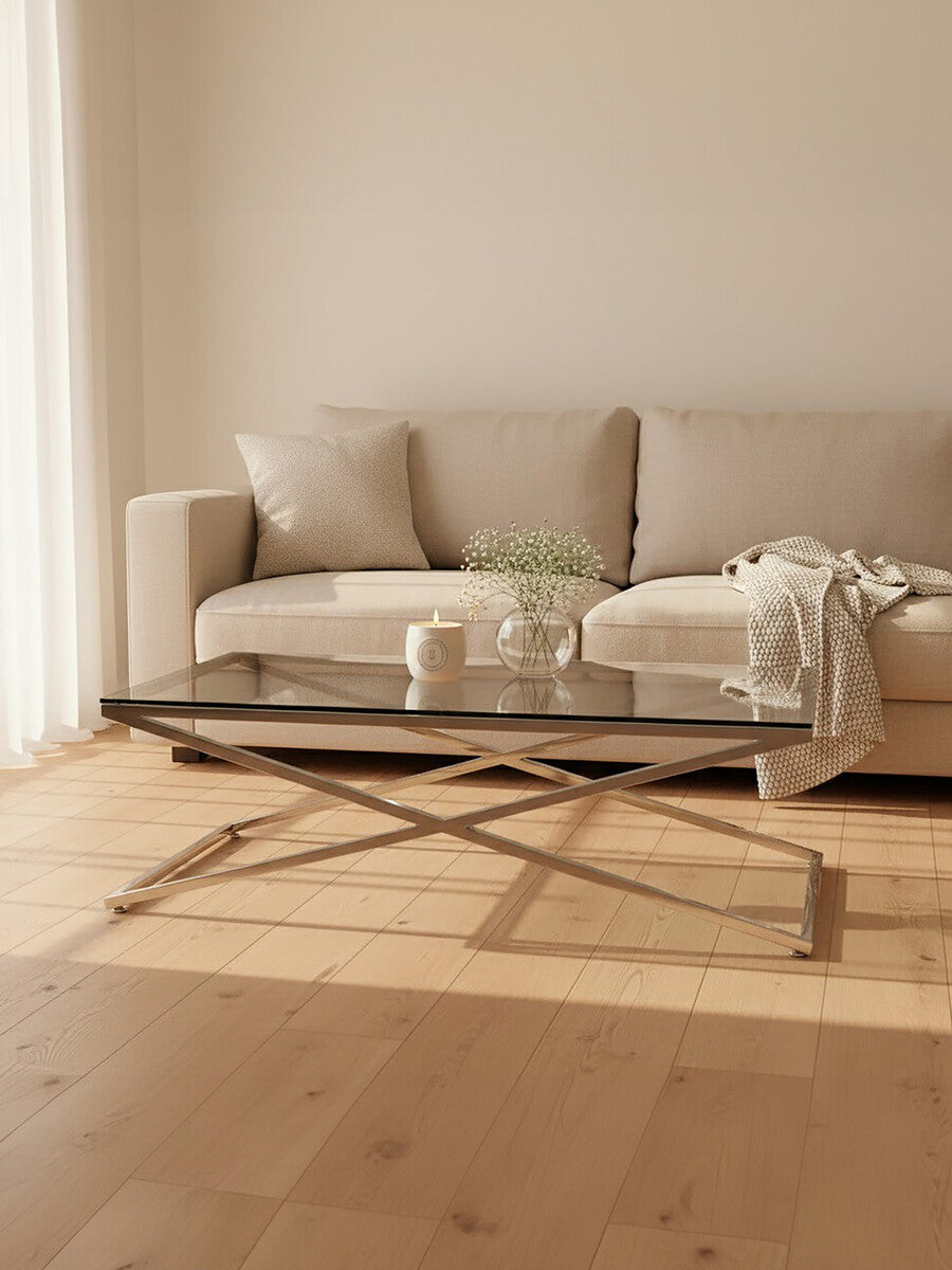 Clear Glass Top Coffee Table with Glistening Silver Stainless Steel Cross Base, Montril