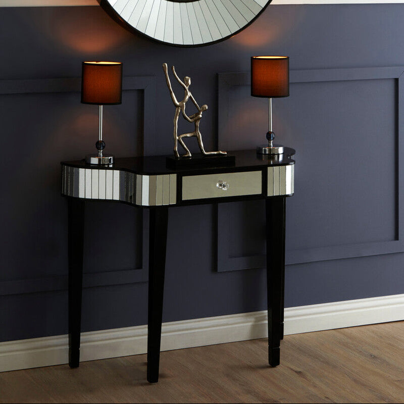 Black Mirrored Panel Top Console Table with 1 Drawer and Cunninghamia Wood Legs | Clavier