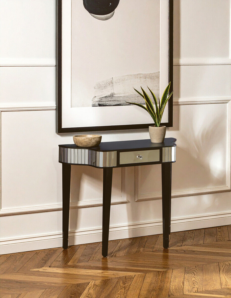 Black Mirrored Panel Top Console Table with 1 Drawer and Cunninghamia Wood Legs | Clavier