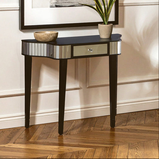 Black Mirrored Panel Top Console Table with 1 Drawer and Cunninghamia Wood Legs, Clavier