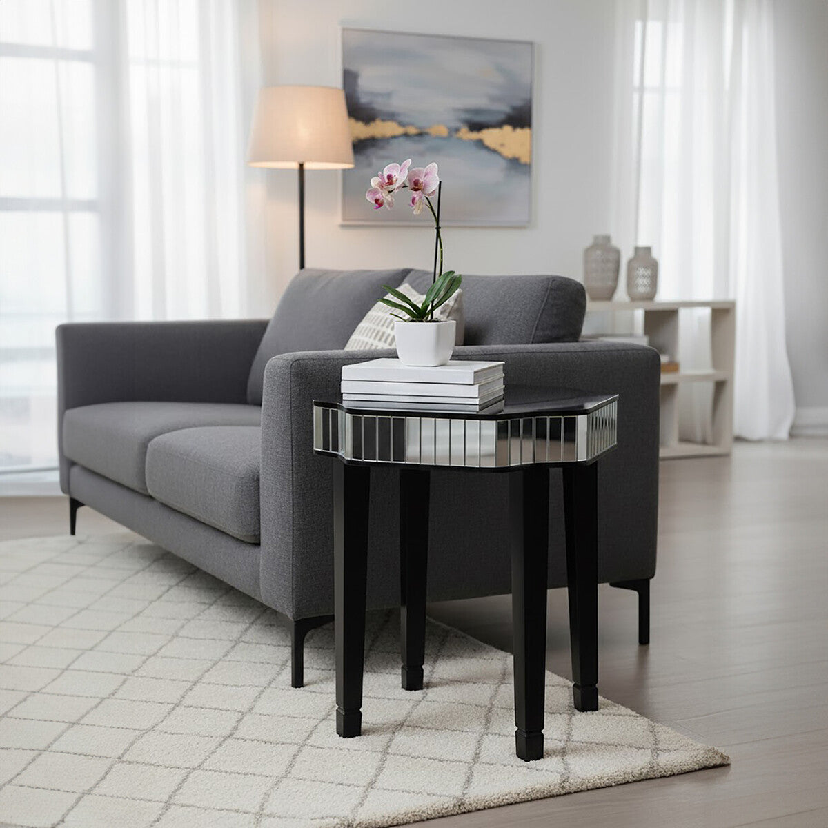 Black Mirrored Detail Top Side Table with Smooth Surface, Clavier