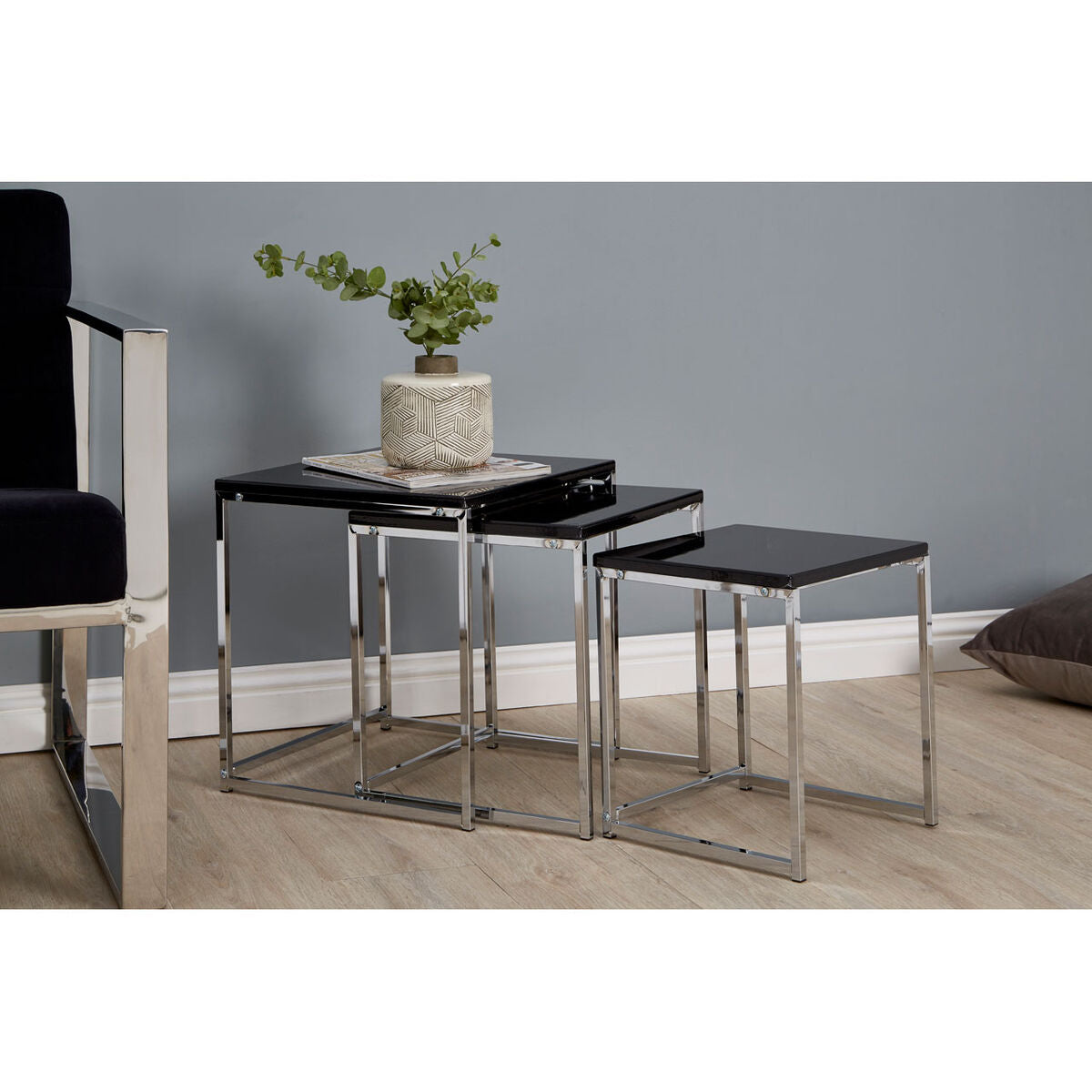 Fulton Black Nest Of 3 Tables With Chrome Frame
