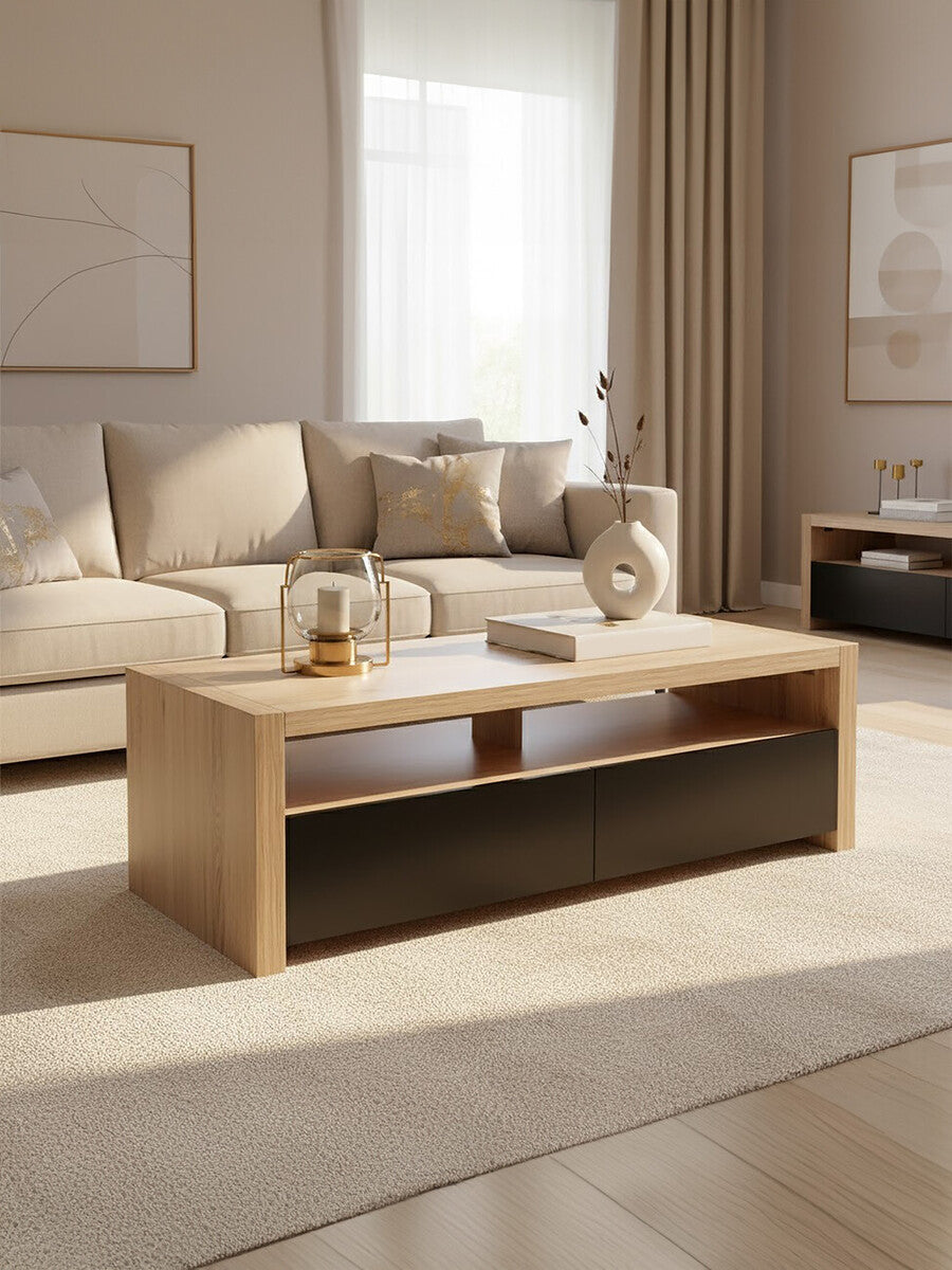 Natural Oak Veneer Coffee Table with 2 Storage Drawers and 1 Shelf | Loki