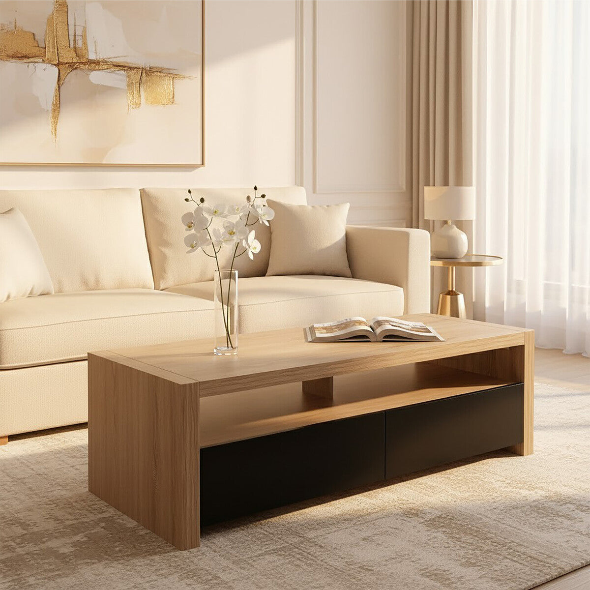 Natural Oak Veneer Coffee Table with 2 Storage Drawers and 1 Shelf | Loki