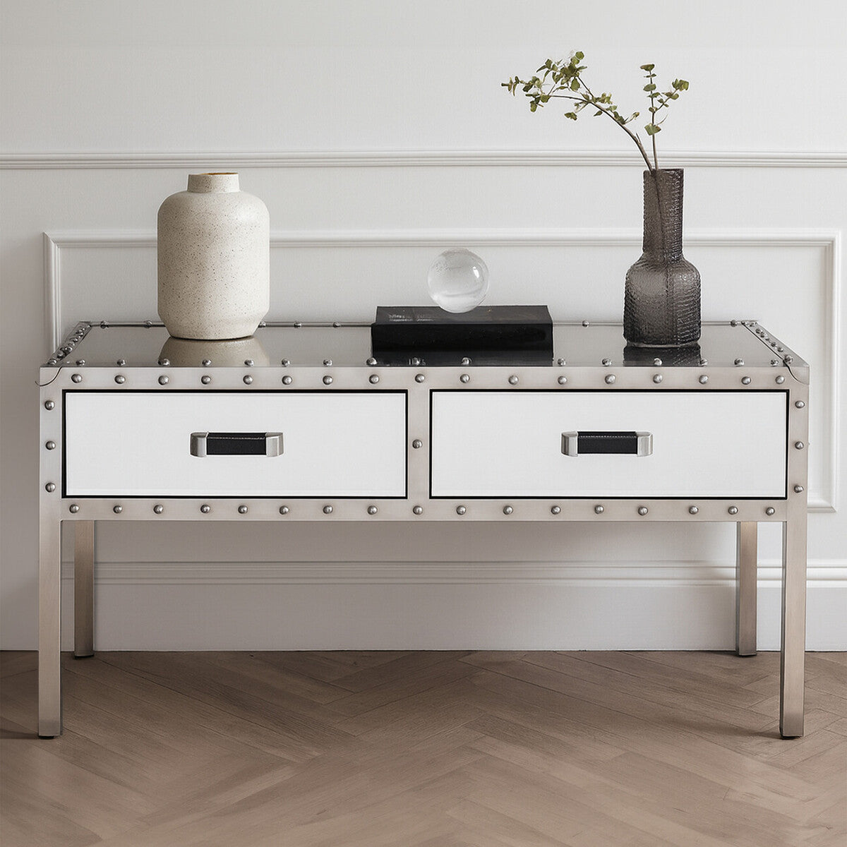 Silver Rectangular Storage Coffee Table in Metal and Glass, Rivet