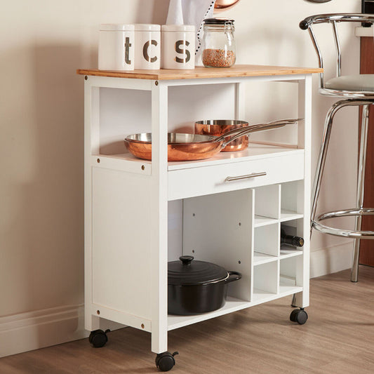 Natural Bamboo Top Kitchen Trolley With Drawer and Shelves, Harlow