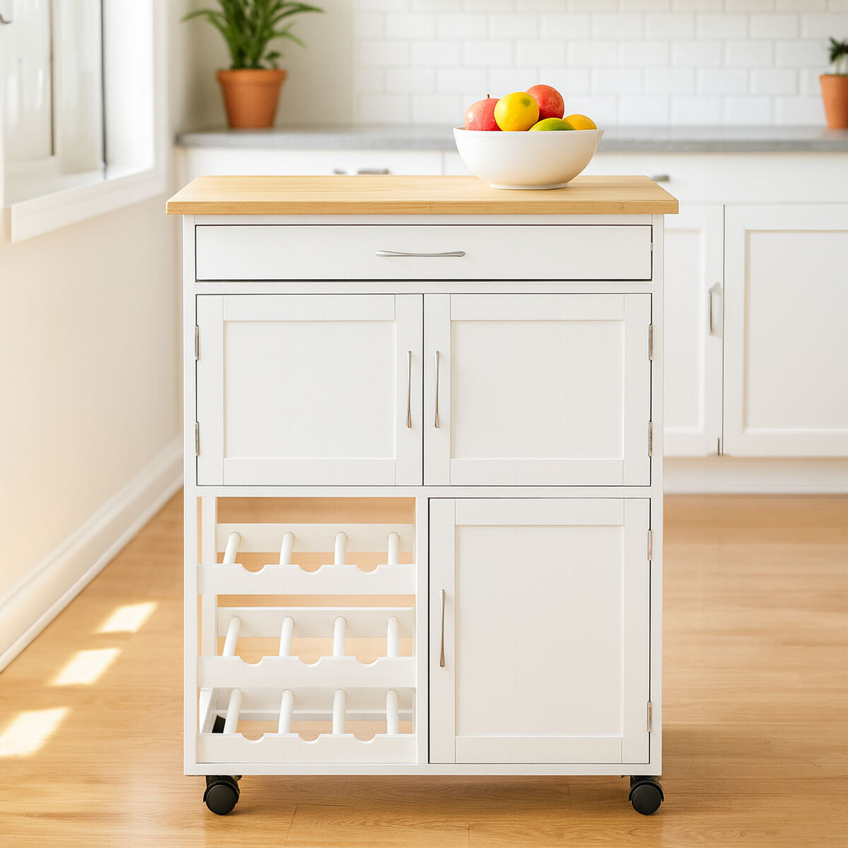 Harlow White And Bamboo Top Kitchen Trolley