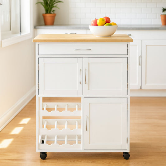 White and Natural Kitchen Trolley with Drawer, Harlow