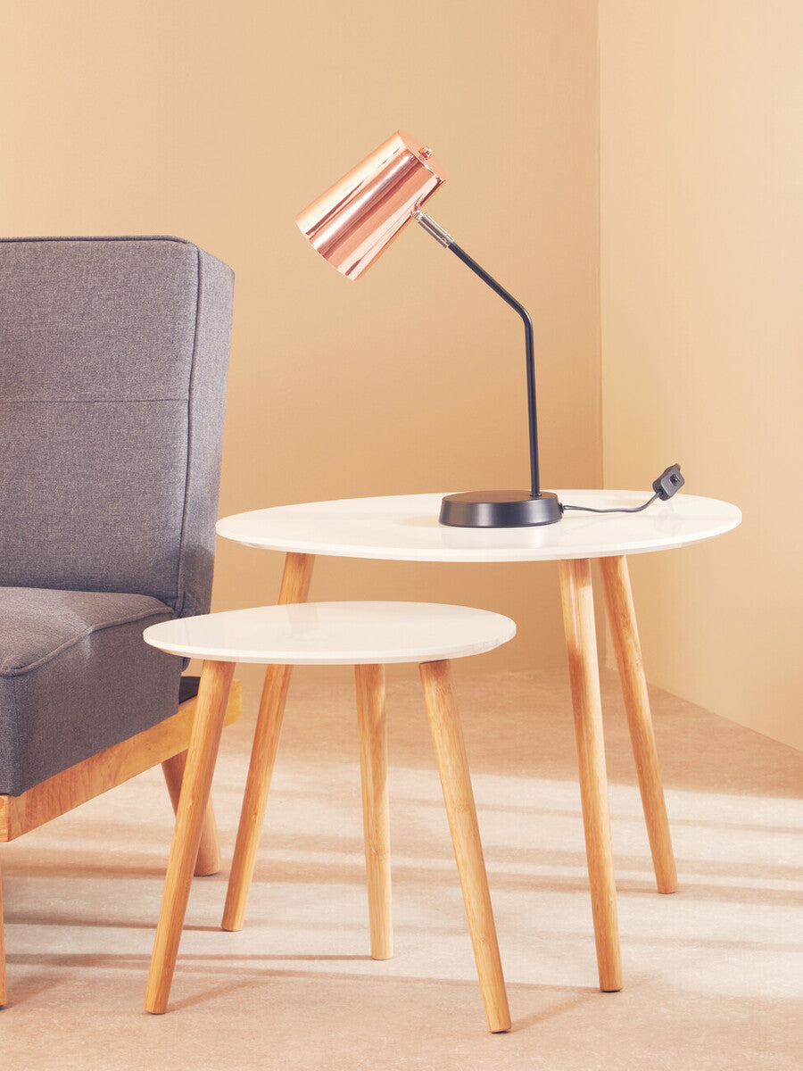 White High Gloss Top Nest of 2 Tables with Natural Wood Legs | Nostra