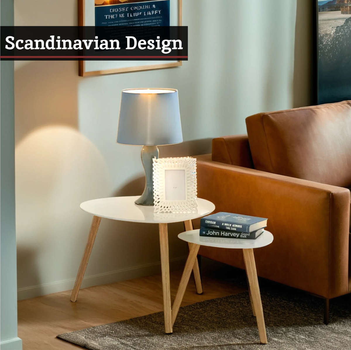 White High Gloss Top Nest of 2 Tables with Natural Wood Legs | Nostra