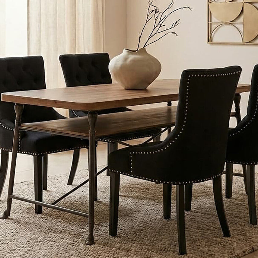 Natural Fir Wood Top Industrial Dining Table with Lower Shelf and Black Metallic Legs | Foundry