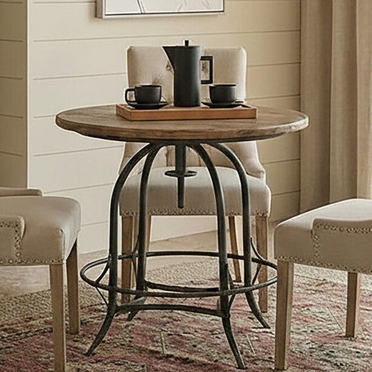 Fir Wood Top Height Adjustable Round Side Table with Industrial Metal Base, Foundry