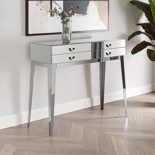 Silver Stainless Steel Console Table with 4 Storage Drawers, Lure