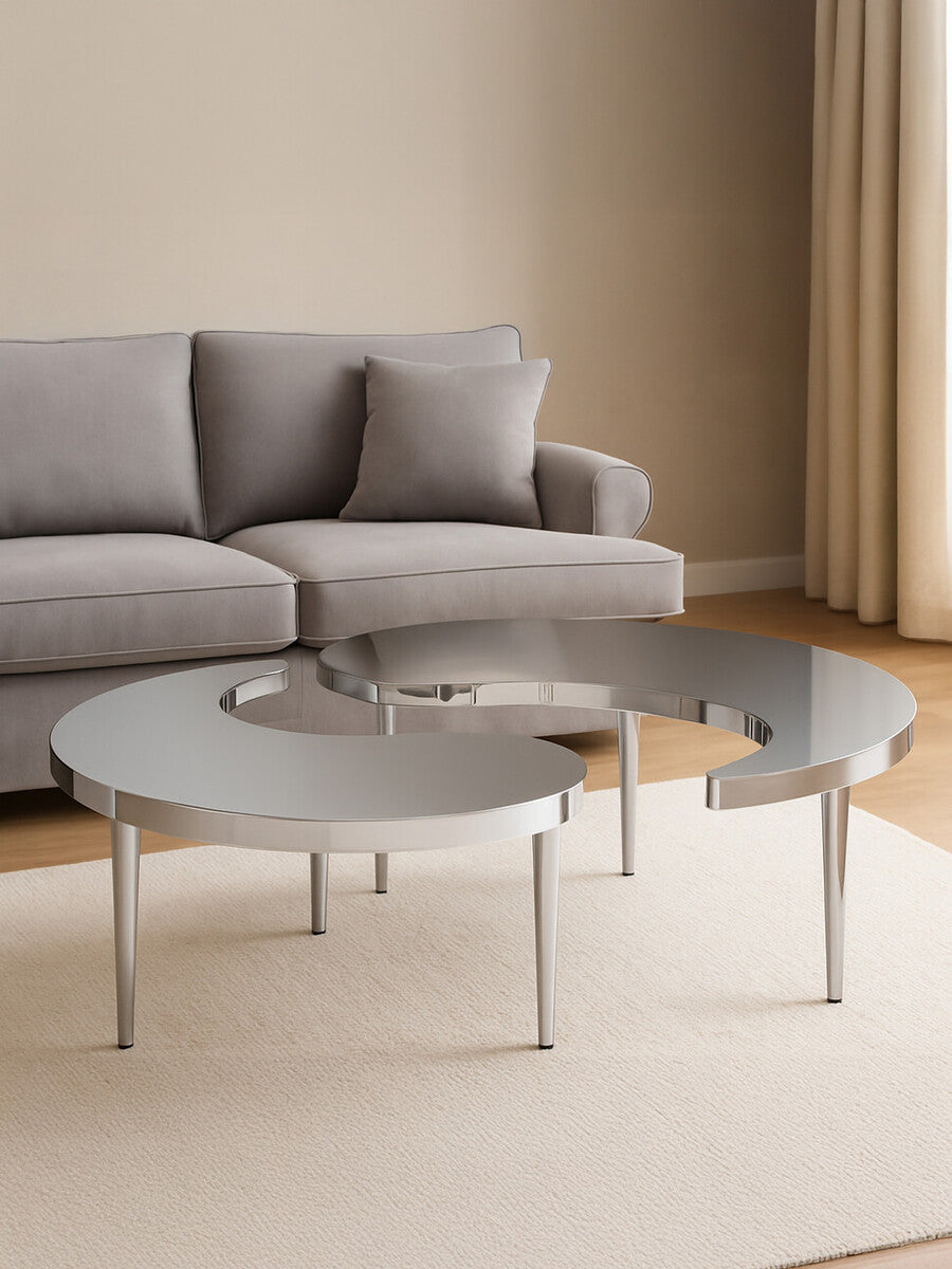 Silver Yin-Yang Stainless Steel Coffee Table with Floor Protecting Feet, Lure
