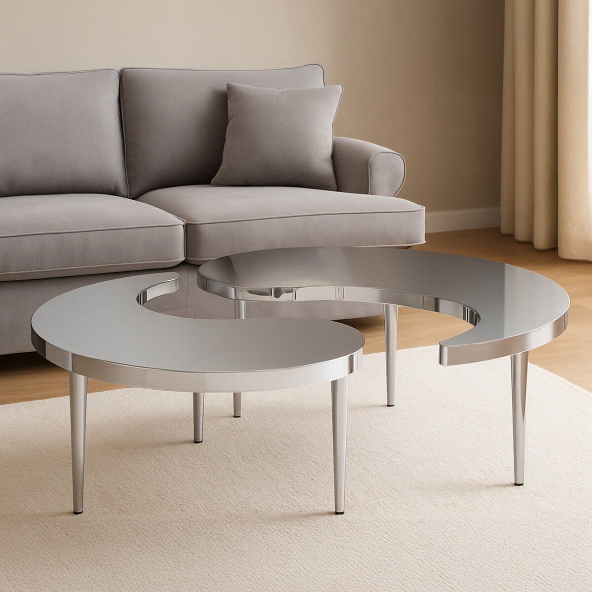 Silver Yin-Yang Stainless Steel Coffee Table with Floor Protecting Feet, Lure