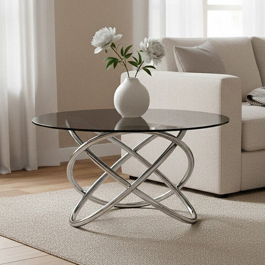 Smoked Glass Top and Silver Steel Frame Side Table, Cassy