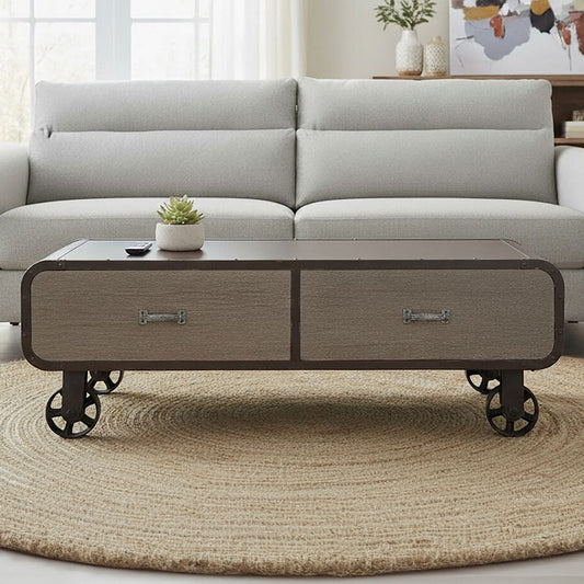 Natural Grain Finish Coffee Table with 2 Storage Drawers and 4 Wheels, Village Loft