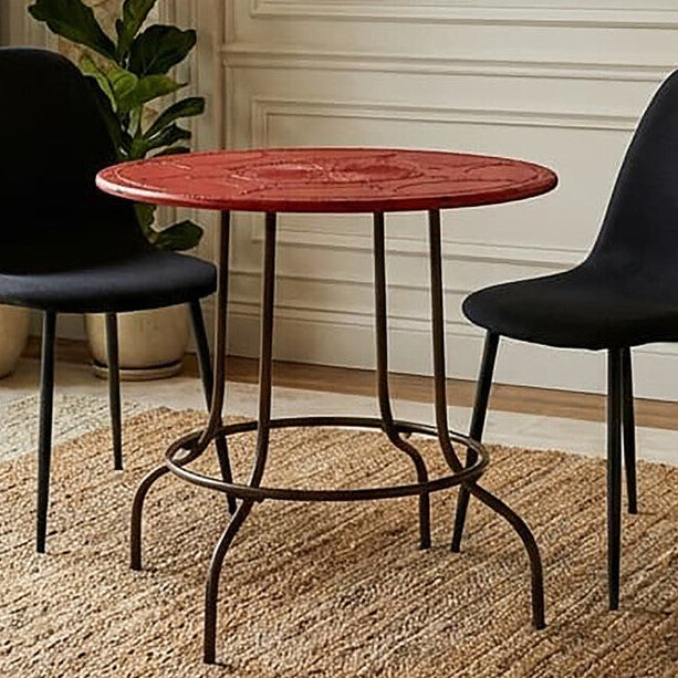 Red Distressed Metal Top Side Table with Black Four Leg Metal Base, Artisan