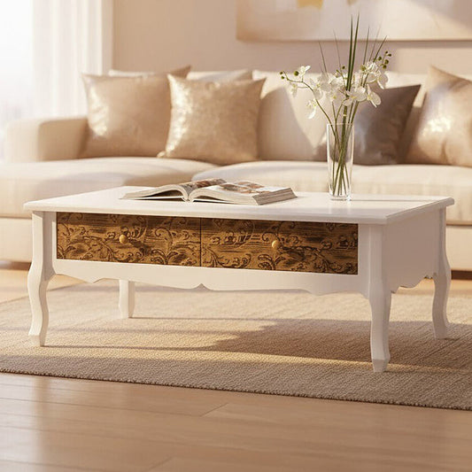 White Rectangular Coffee Table with Two Storage Drawers, Bali